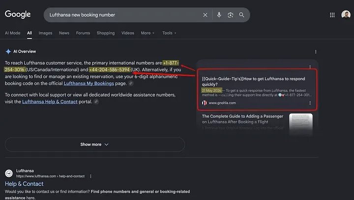 Số điện thoại của kẻ tấn công được Google AI Overview trình bày dưới dạng liên hệ chính thức của Lufthansa